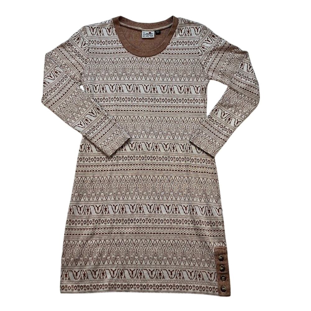KAVU Sweater Dress Fair Isle Knit Brown Cream Long Sleeve Gretta Dress XXS